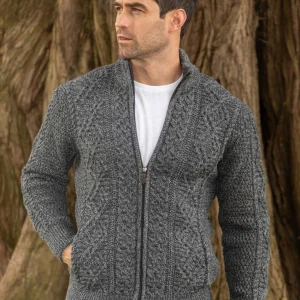 Bernardo - Cardigan homme à fermeture éclair complète – Gilet Old Money en maille torsadée – Vert / Gris